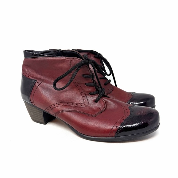 remonte Shoes - Remonte Mixed Leather Ankle Boots Laced Sz 40 Burgundy Patent Leather Toes